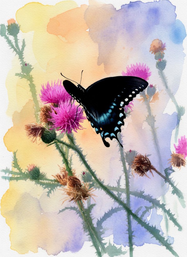 Butterfly among pink thistles and pastel watercolor washes